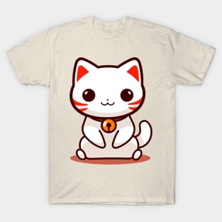 Kawaii Chibi Cat Sitting Down - Minimalistic Japanese Style, White and Orange, Super Cute T-Shirt